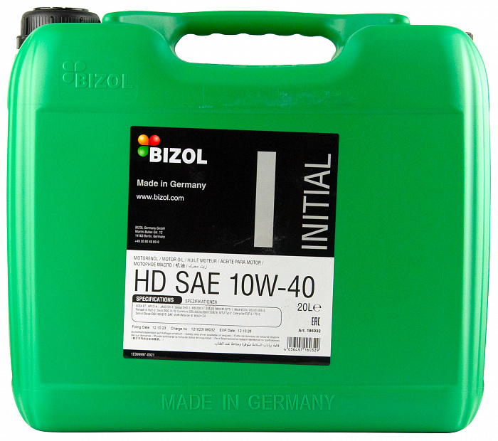186032 BIZOL НС-синтетическое моторное масло Initial HD 10W-40 (20л)